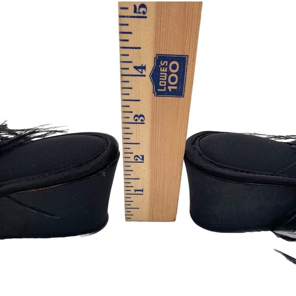 Vintage Madye's Fru-Fru Fancy Wedge Heel Black Slippers w Feathery Detail L 8-9 - Picture 9 of 12